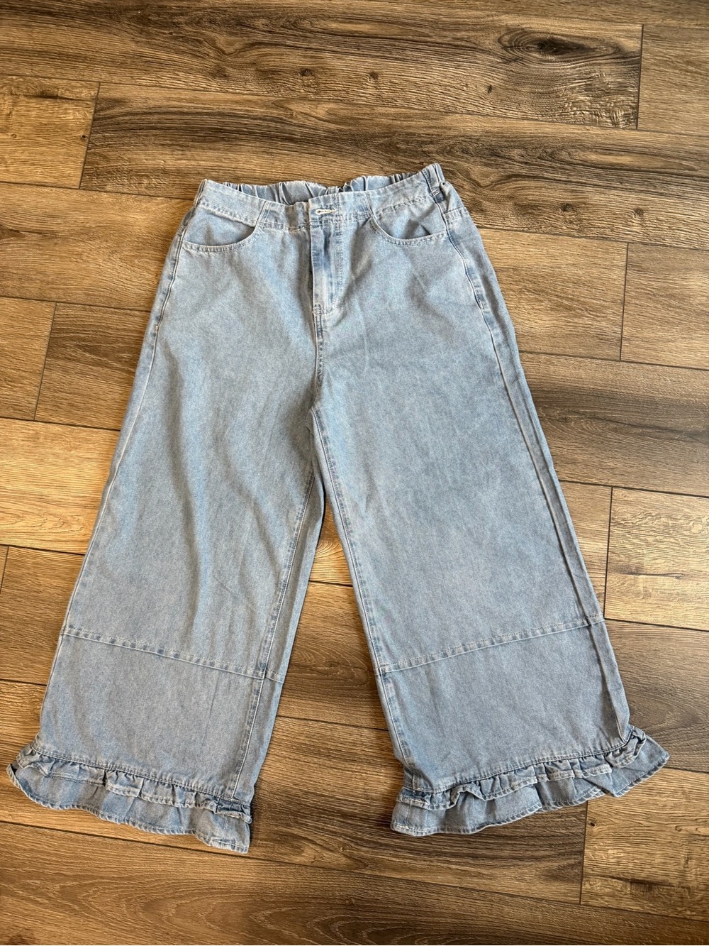 Light Blue Ruffle-Hem Wide Leg Jeans for Women